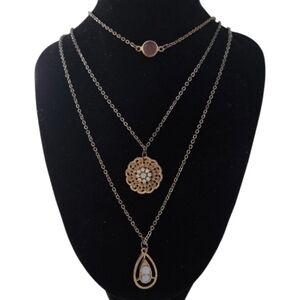 Vintage ICING Multi-Strand Layered Necklace | Gold Tone Medallion & Teardrop
